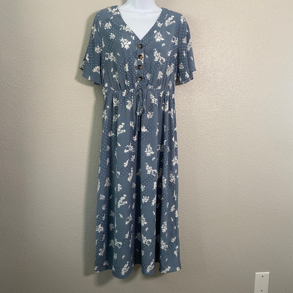 Blue Cottagecore Maxi Dress Medium Polka Dot Country Casual Summer Feminine